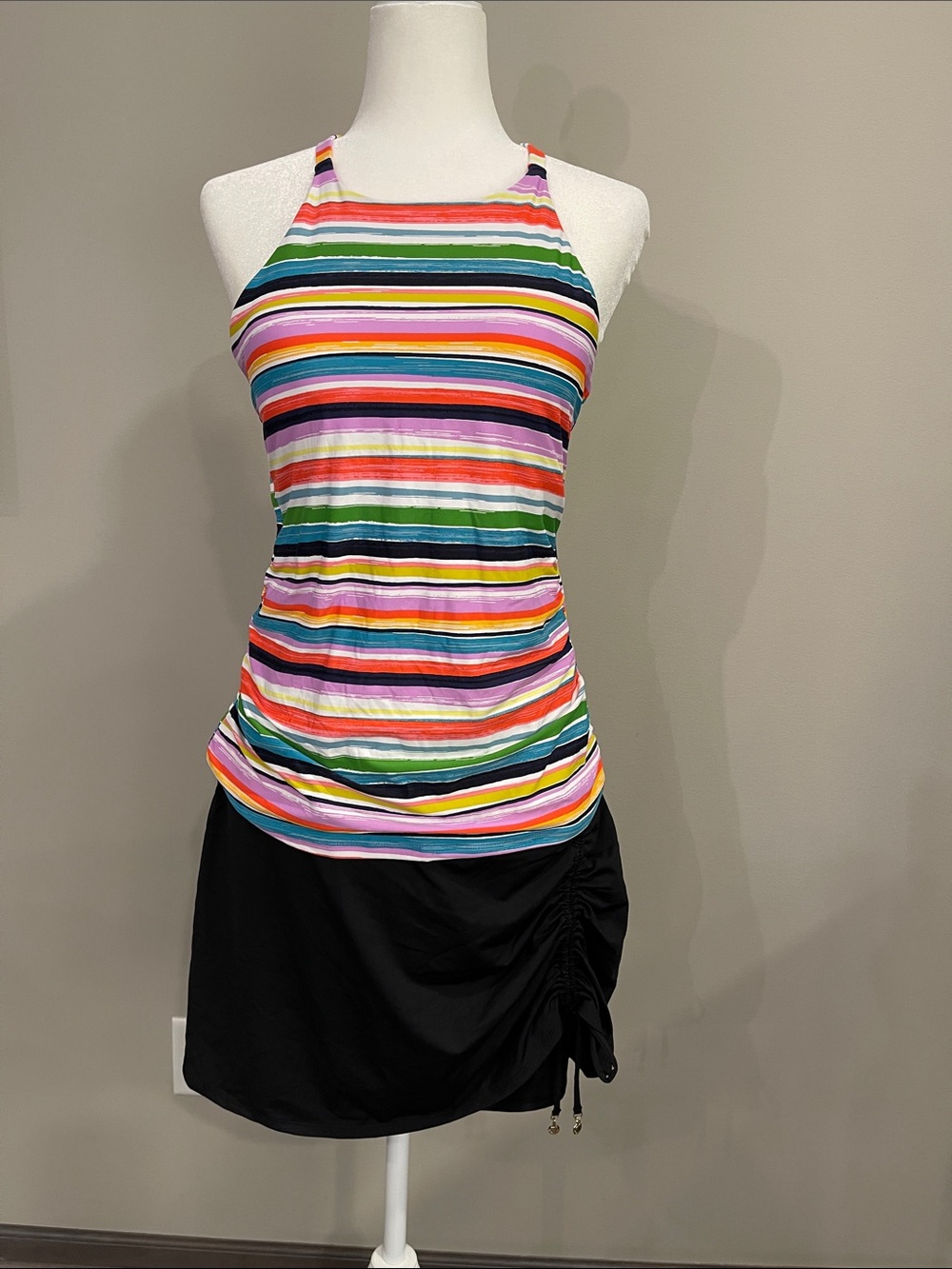 Anne Cole Multicolor Striped Tankini Top with Black Swim Skirt